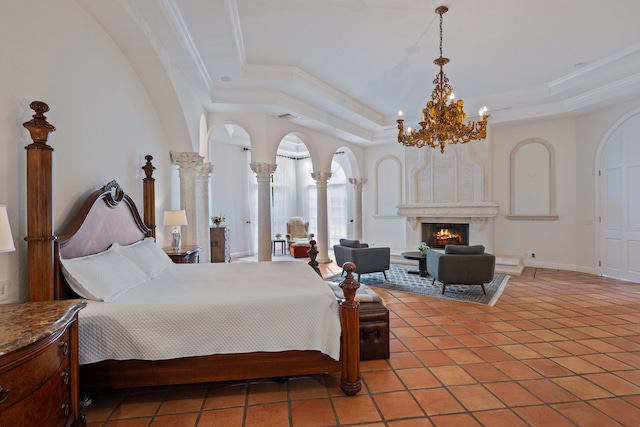 bedroom featuring a raised ceiling, crown molding, tile patterned flooring, and a chandelier