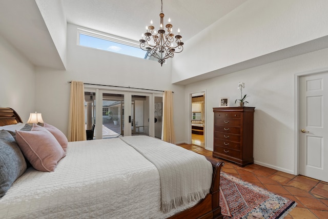 tiled bedroom with access to outside, french doors, a towering ceiling, and a notable chandelier