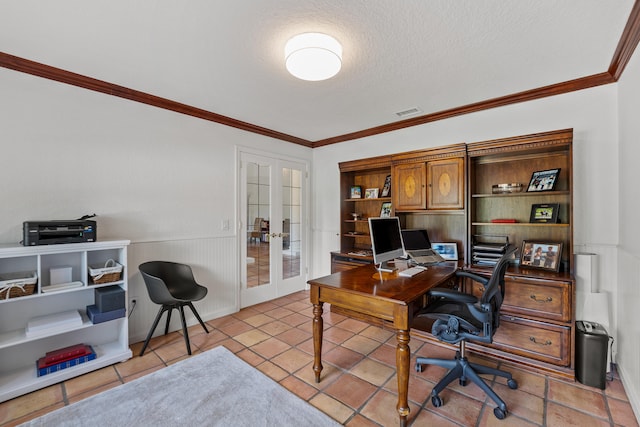 office with french doors, a textured ceiling, ornamental molding, and light tile patterned flooring