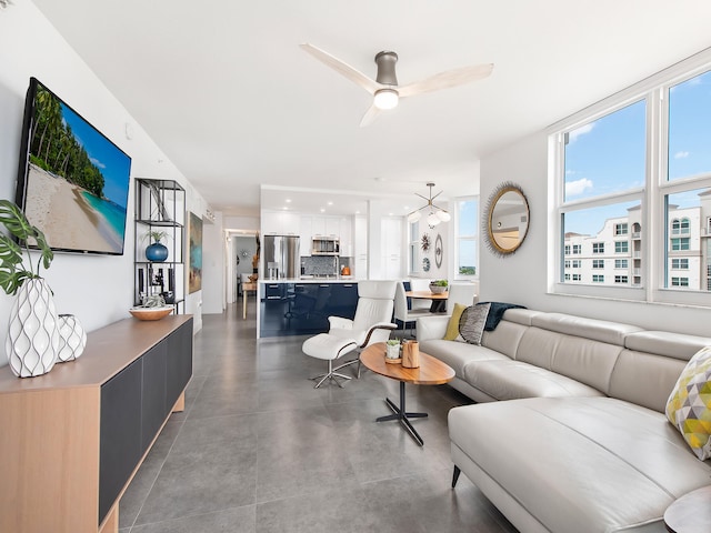 living room featuring ceiling fan