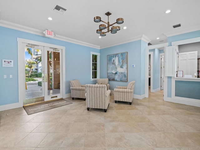 living area featuring a chandelier, french doors, crown molding, and light tile patterned flooring