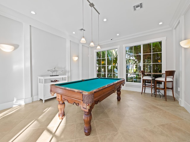 recreation room with light tile patterned floors, ornamental molding, and billiards