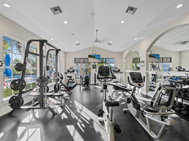 gym featuring vaulted ceiling, ceiling fan, and a healthy amount of sunlight