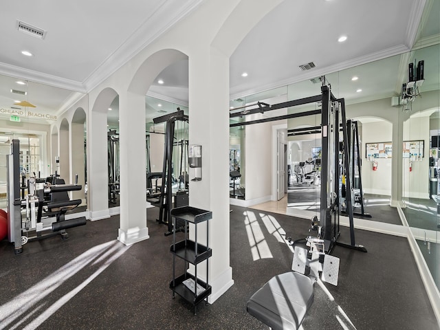 exercise room featuring a healthy amount of sunlight and ornamental molding