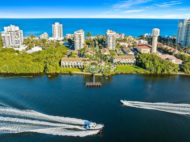 bird's eye view with a water view