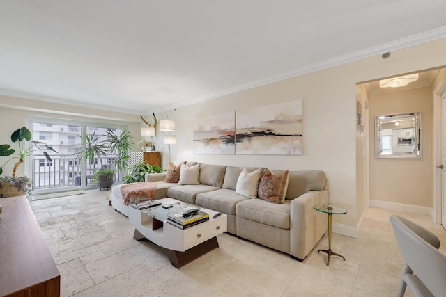 living room featuring crown molding