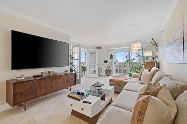 living room featuring french doors and ornamental molding