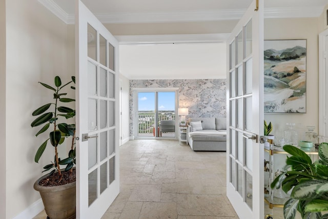 corridor featuring ornamental molding and french doors