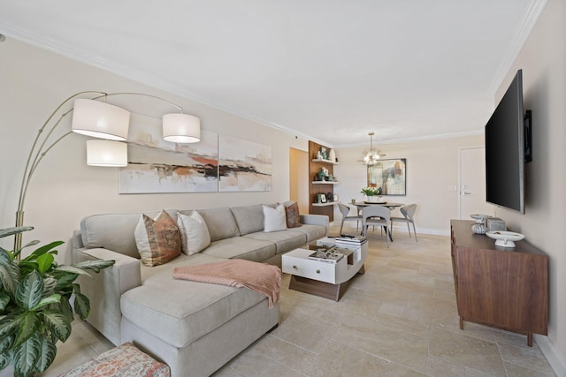 living room featuring crown molding and an inviting chandelier