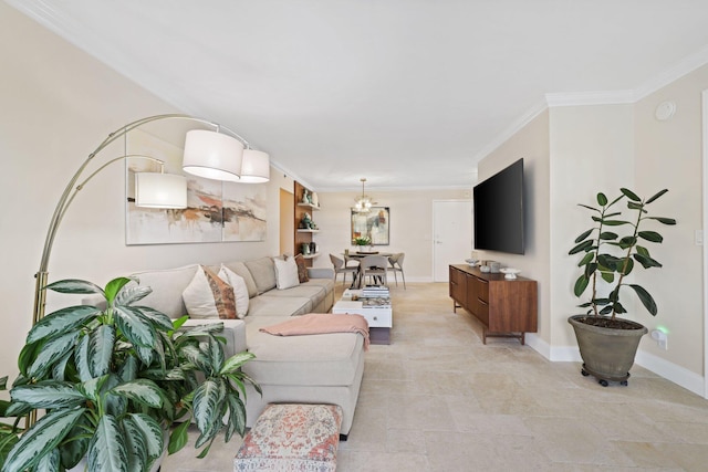 living room with ornamental molding