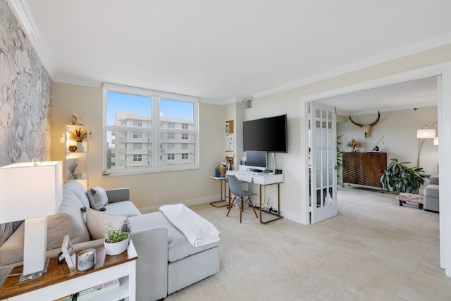 living room with french doors and ornamental molding