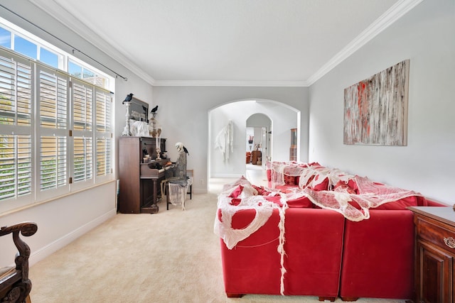 living room featuring crown molding and light colored carpet