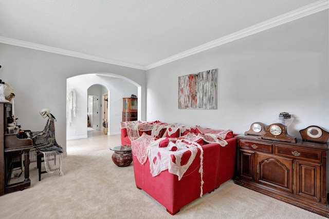 living room featuring crown molding and light carpet