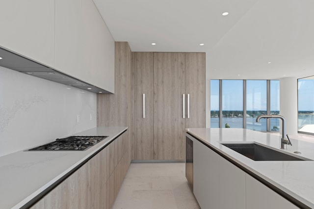 kitchen with floor to ceiling windows, white cabinets, a water view, sink, and light stone countertops