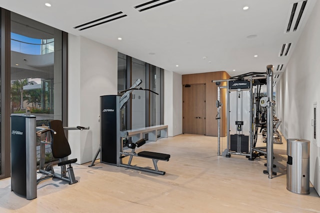 gym featuring light hardwood / wood-style flooring