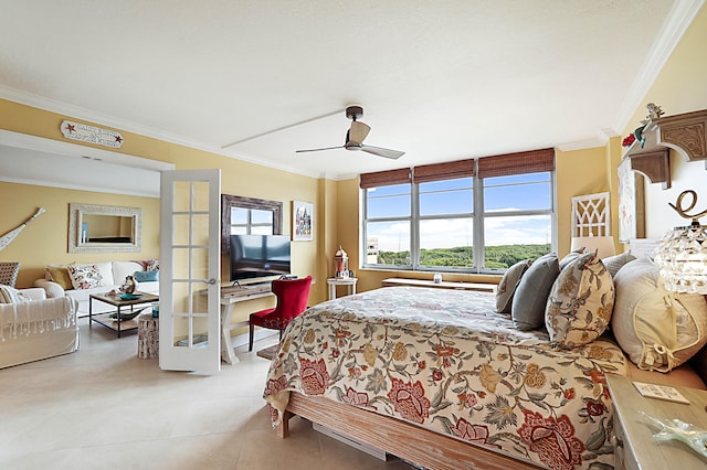 bedroom featuring ornamental molding, a ceiling fan, and light tile patterned floors