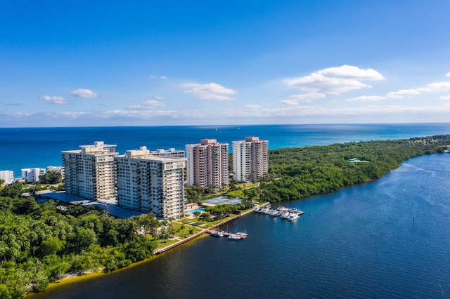 drone / aerial view featuring a view of city and a water view