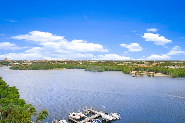 property view of water featuring a boat dock and boat lift