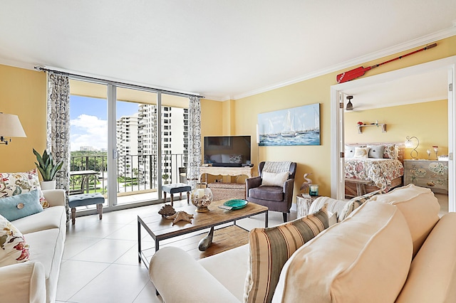 living room featuring light tile patterned floors, floor to ceiling windows, and crown molding