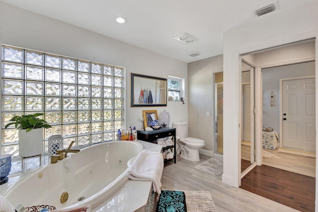 bathroom with hardwood / wood-style flooring, vanity, toilet, and walk in shower