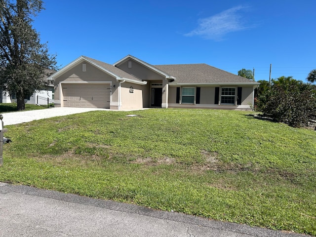 ranch-style house with a front yard and a garage