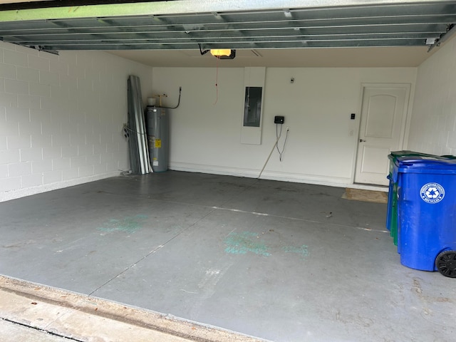 garage with water heater, electric panel, and a garage door opener