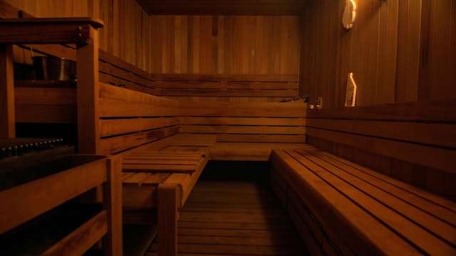 view of sauna / steam room with wood walls and hardwood / wood-style flooring