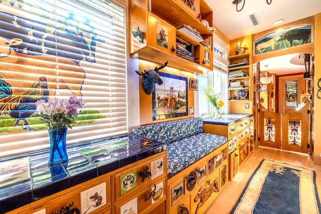 interior space with light hardwood / wood-style floors, tile countertops, and log walls