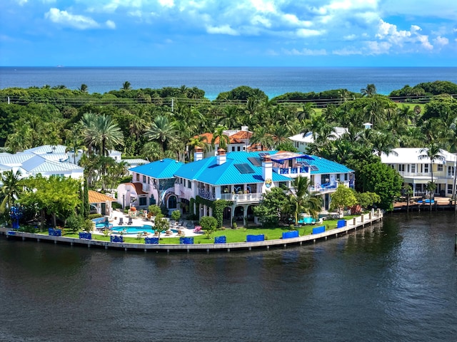 aerial view featuring a water view