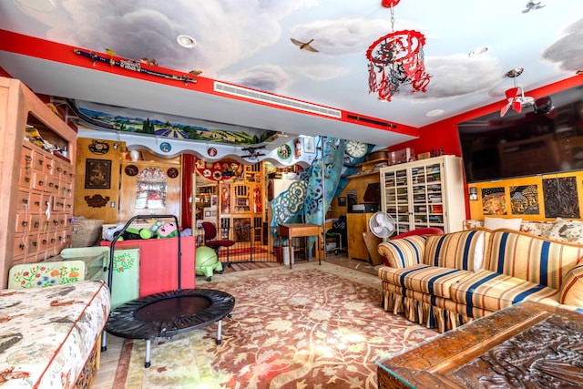 living room featuring a notable chandelier