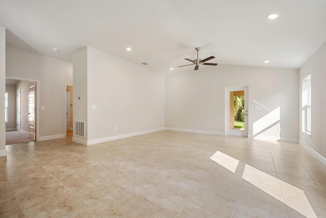 5215 San Benedetto Pl, Fort Pierce, FL 34951 - spare room featuring light tile patterned floors, a ceiling fan, lofted ceiling, recessed lighting, and baseboards