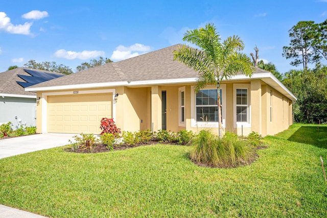 5215 San Benedetto Pl, Fort Pierce, FL 34951 - ranch-style house with stucco siding, an attached garage, driveway, a front yard, and a shingled roof