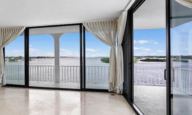 interior space with a water view