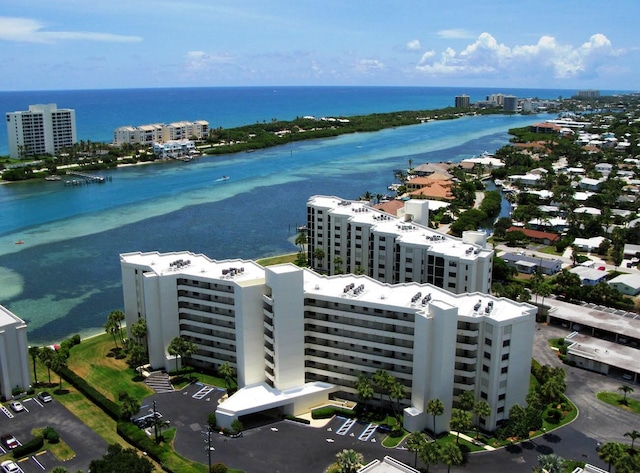 drone / aerial view featuring a water view