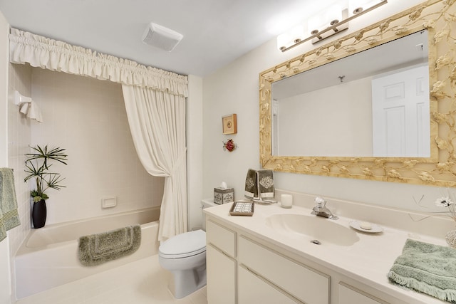 full bathroom featuring tile patterned floors, vanity, toilet, and shower / tub combo