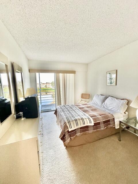 carpeted bedroom with access to outside, multiple windows, and a textured ceiling