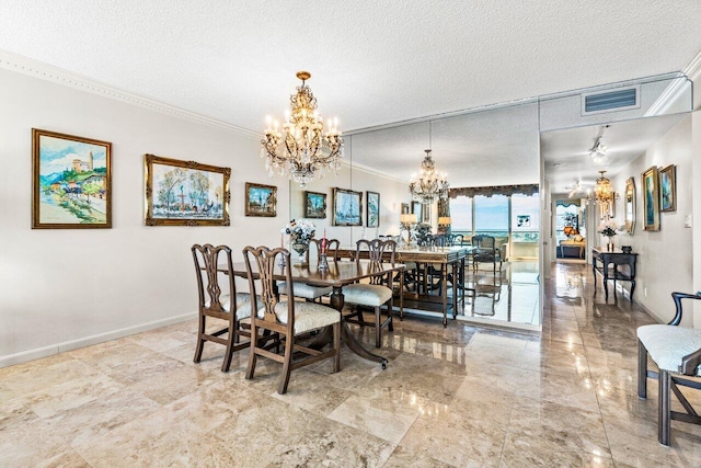 dining room with visible vents, an inviting chandelier, a textured ceiling, and crown molding