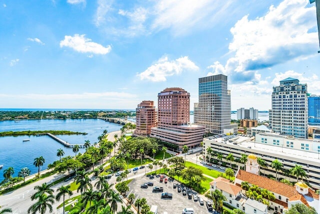 bird's eye view featuring a city view and a water view
