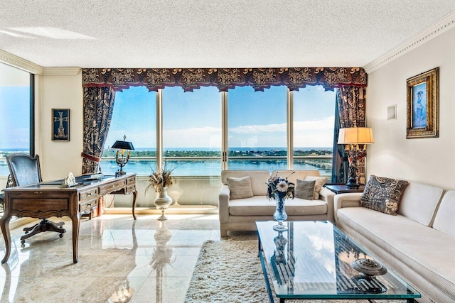 living room with a textured ceiling, a water view, ornamental molding, and a healthy amount of sunlight