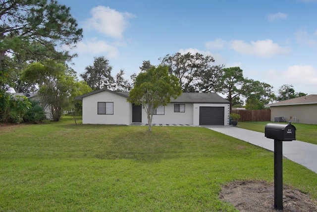 ranch-style home featuring a garage, concrete driveway, fence, a front lawn, and stucco siding