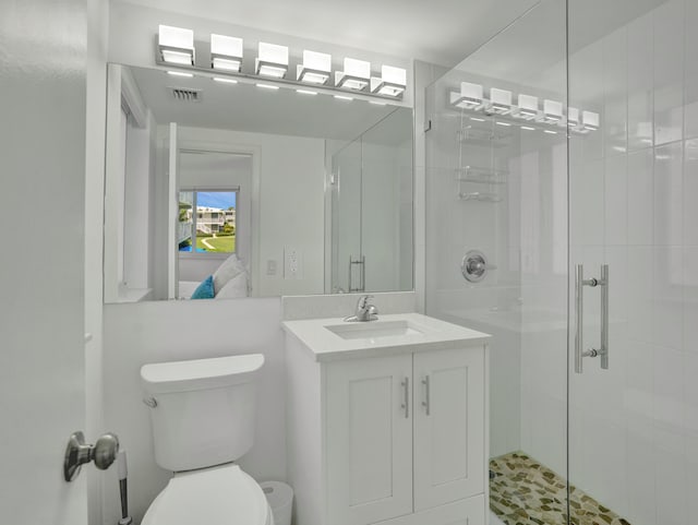 bathroom with vanity, toilet, and a shower with shower door