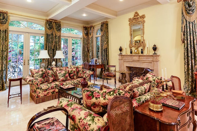 living room featuring beam ceiling, crown molding, coffered ceiling, and a wealth of natural light