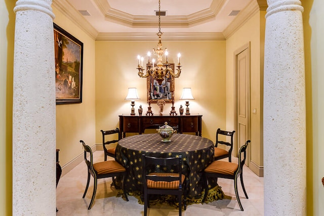 dining room featuring an inviting chandelier, ornate columns, light tile patterned flooring, a tray ceiling, and crown molding