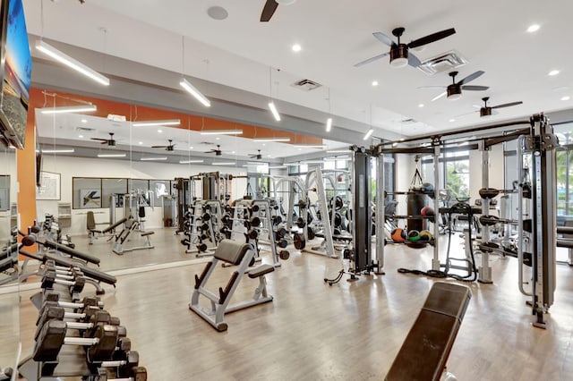 workout area featuring ceiling fan and light hardwood / wood-style floors