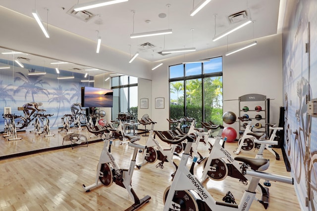 gym featuring a towering ceiling and light hardwood / wood-style flooring