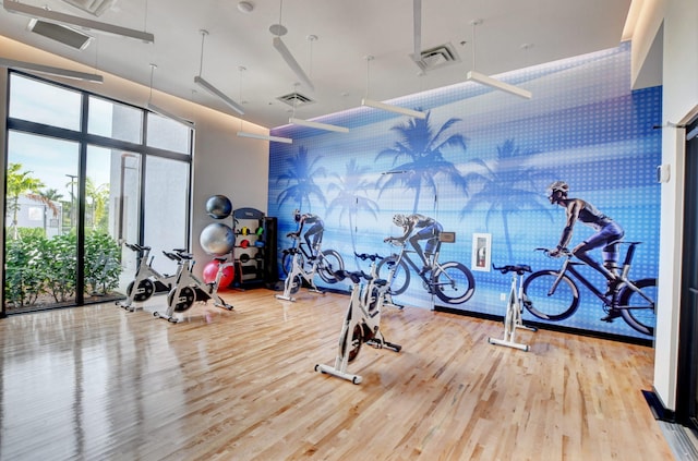 gym featuring wood-type flooring and a high ceiling