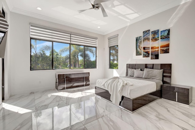 bedroom featuring ceiling fan, ornamental molding, and multiple windows