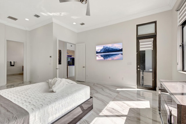 bedroom with ceiling fan and ornamental molding