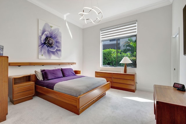 bedroom with light carpet, an inviting chandelier, and ornamental molding