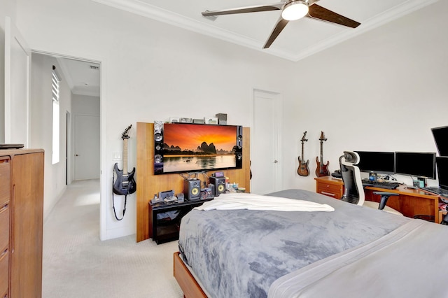 bedroom with ceiling fan, light carpet, and ornamental molding